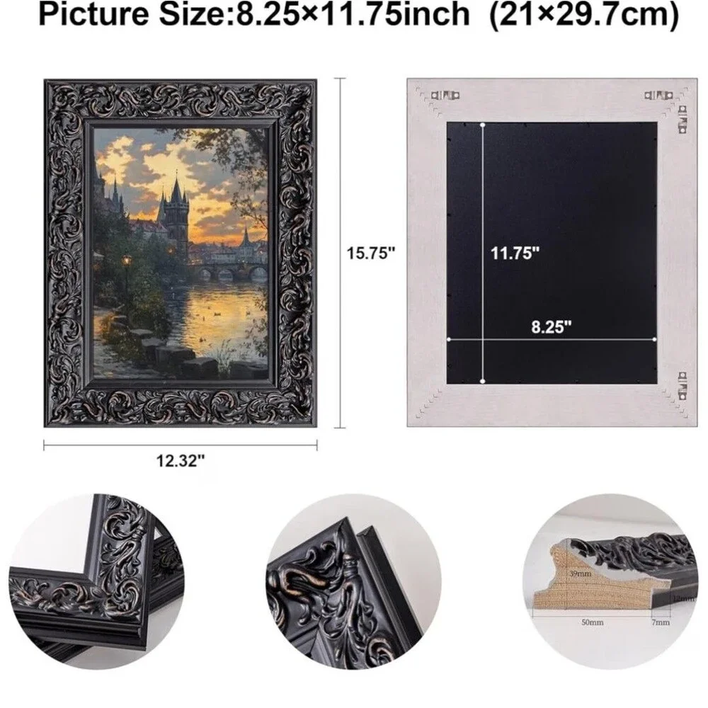ArtXO Wood A4 Picture Frames for Home Wall Ornate Classic Black Frame 8.25x11.75